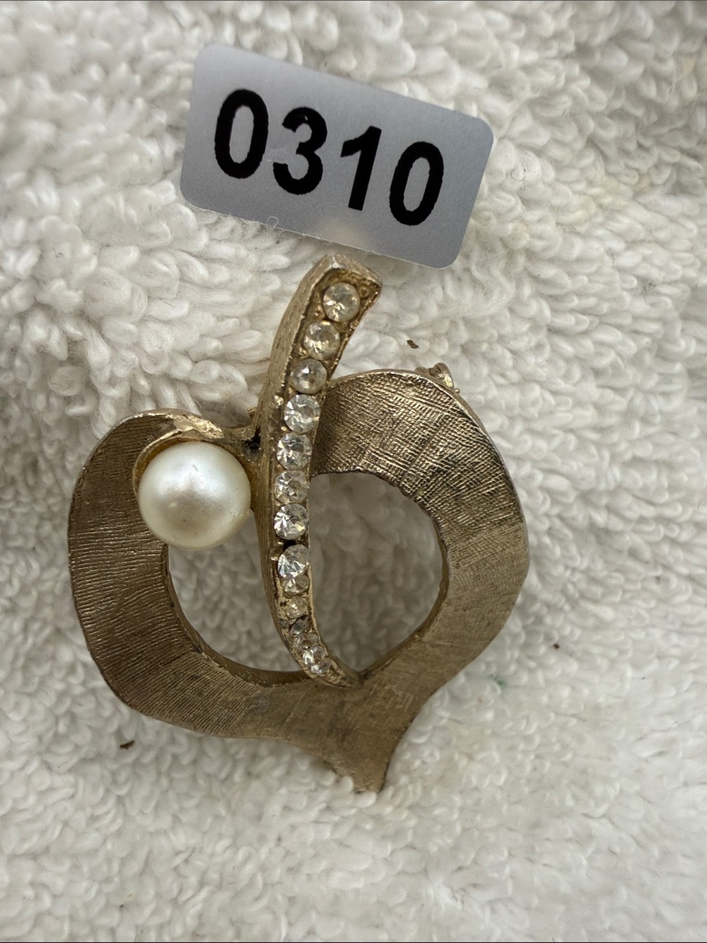 Gold-Tone Heart Brooch with Pearl and Clear Crystals - Elegant Accent